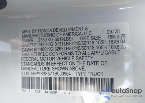 2026 Honda Ridgeline Rtl из США, поврежденный, VIN 5FPYK3F57TB000964